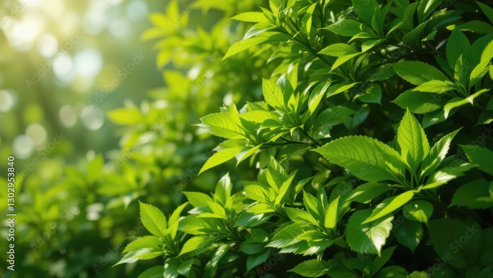 Lush Green Leaves Illuminated by Sunlight with Bokeh Background in a Natural Setting Lush Green Leaves Illuminated by Sunlight with Bokeh Background in a Natural Setting