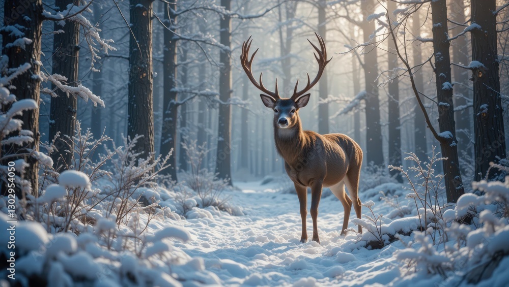 Majestic Deer Standing in Snow-Covered Forest with Sunlight Filtering Through Trees Majestic Deer Standing in Snow-Covered Forest with Sunlight Filtering Through Trees