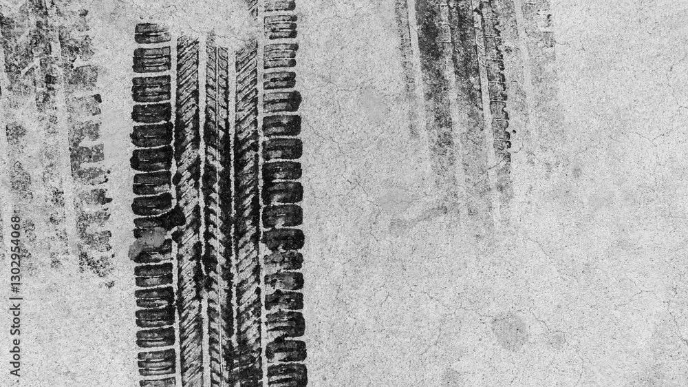 Black tire marks on road, Black rubber tire marks and tread marks, Tire trace track wheels texture and background, Auto tire tread grunge, Car wheel tyre tread track black tyre print, Top view.