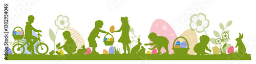 Happy Easter. Children, chickens and rabbits silhouettes on white background. Vector illustration.	
