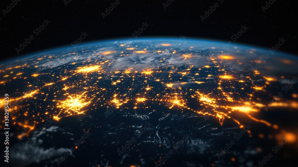 Obraz premium Grid Computing concept. Illuminated Global Grid Network of Interconnected Cities at Night