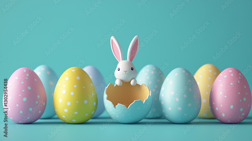 Cute Easter bunny rabbit inside a cracked egg surrounded by colorful eggs. Cute Easter bunny rabbit inside a cracked egg surrounded by colorful eggs.