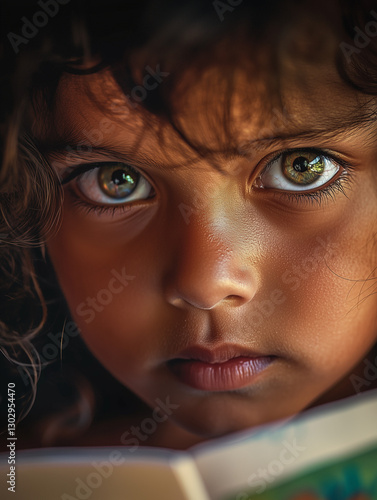 Child face with expressive eyes and curly hair showcasing innocence and emotion