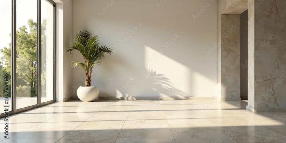 Fototapeta premium Sunlit Minimalist Interior Design Featuring a Palm Plant in a Modern Room