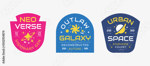 Streetwear badges labels, stickers collection. Apparel logos with geometric element in modern y2k style.