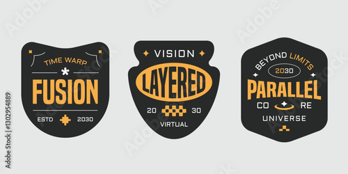 Streetwear badges labels, stickers collection. Apparel logos with geometric element in modern y2k style.