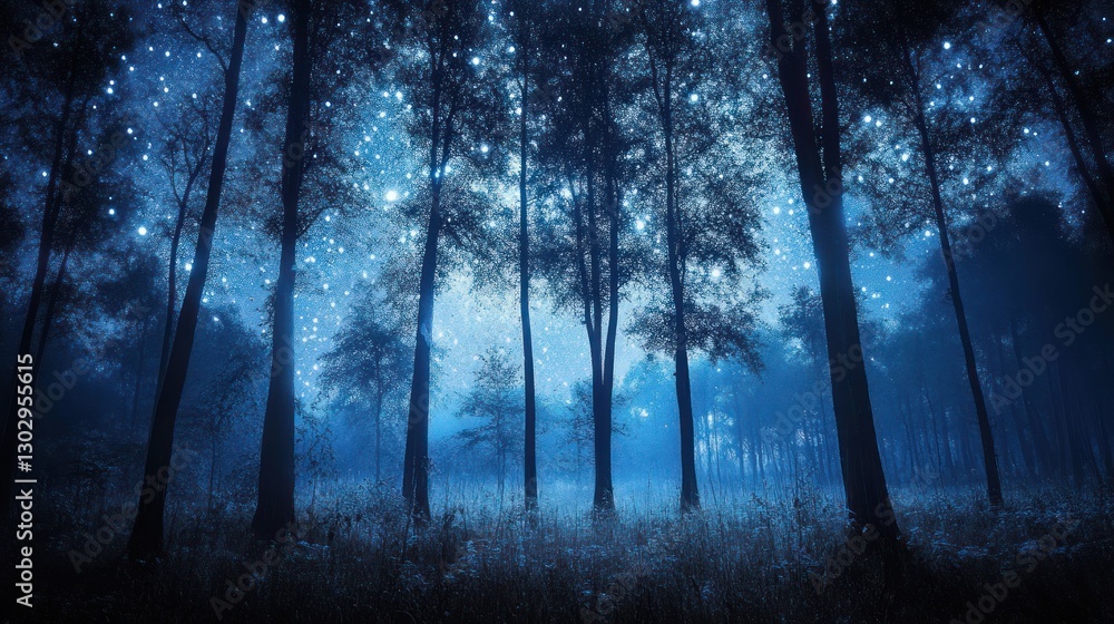 Obraz premium Magical blue forest at night under starry sky.