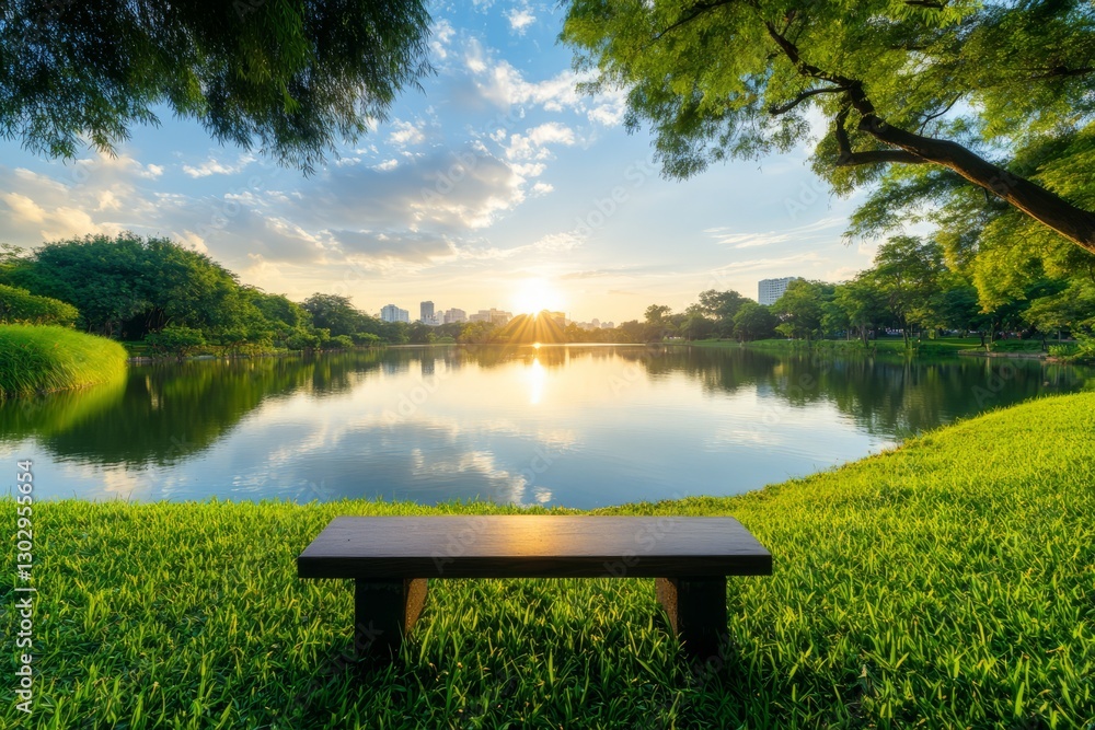 Obraz premium Tranquil Sunset Over a Calm Lake With Green Grass and Scenic Bench Viewpoint
