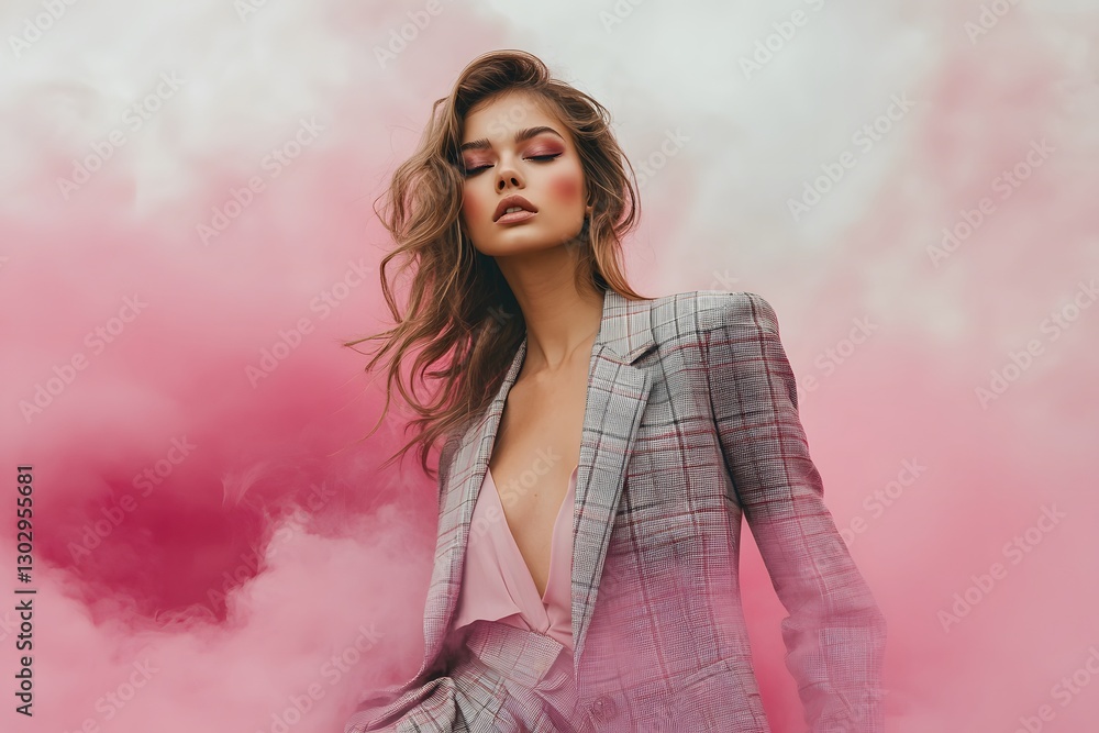 Woman in a pink and silver outfit is standing in a cloud of pink smoke. The smoke is thick and hazy, giving the scene a surreal and dreamlike quality. The woman's outfit is bold and eye-catching Woman in a pink and silver outfit is standing in a cloud of pink smoke. The smoke is thick and hazy, giving the scene a surreal and dreamlike quality. The woman's outfit is bold and eye-catching