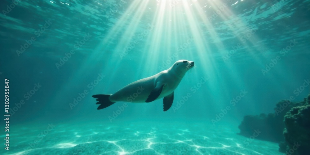 Fototapeta premium Serene Underwater Seal Gracefully Navigating Sunlit Ocean Depths