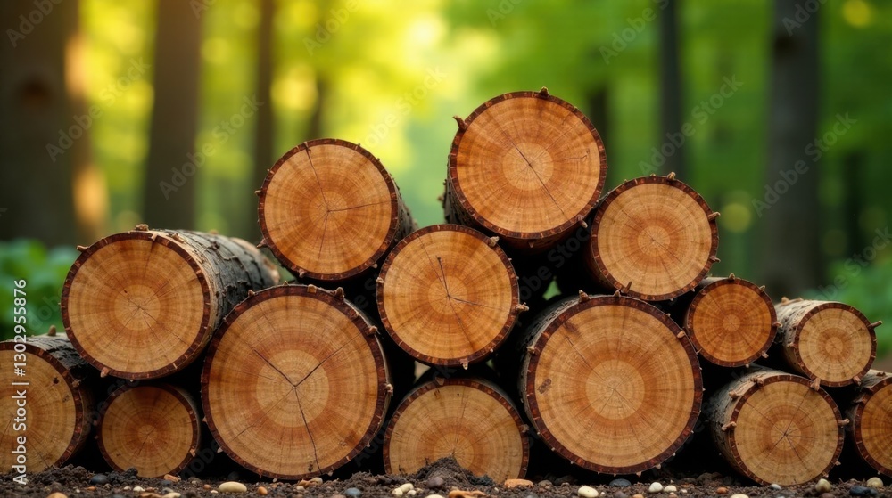 A pile of freshly cut logs rests on the forest floor, bathed in the soft light of the setting sun. A pile of freshly cut logs rests on the forest floor, bathed in the soft light of the setting sun.