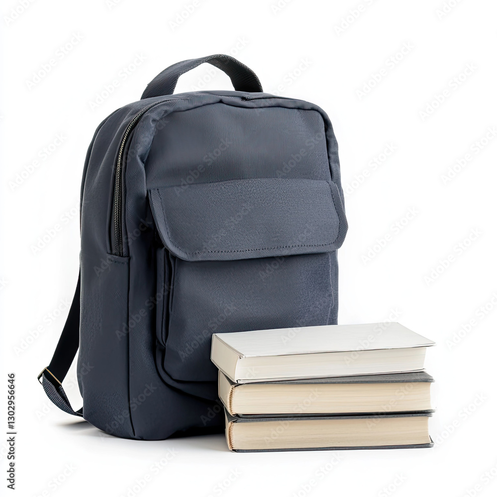 Fototapeta premium Blue backpack with stack of books on white background
