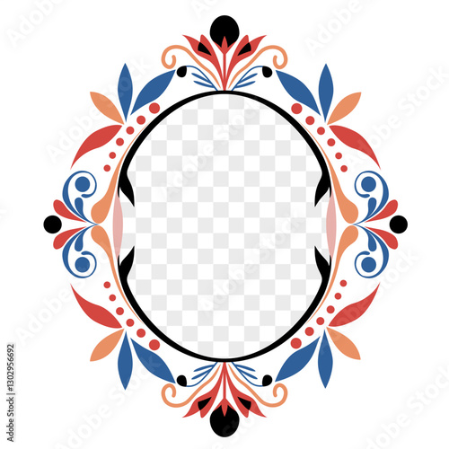 Oval frame with abstract folk pattern of symbols.