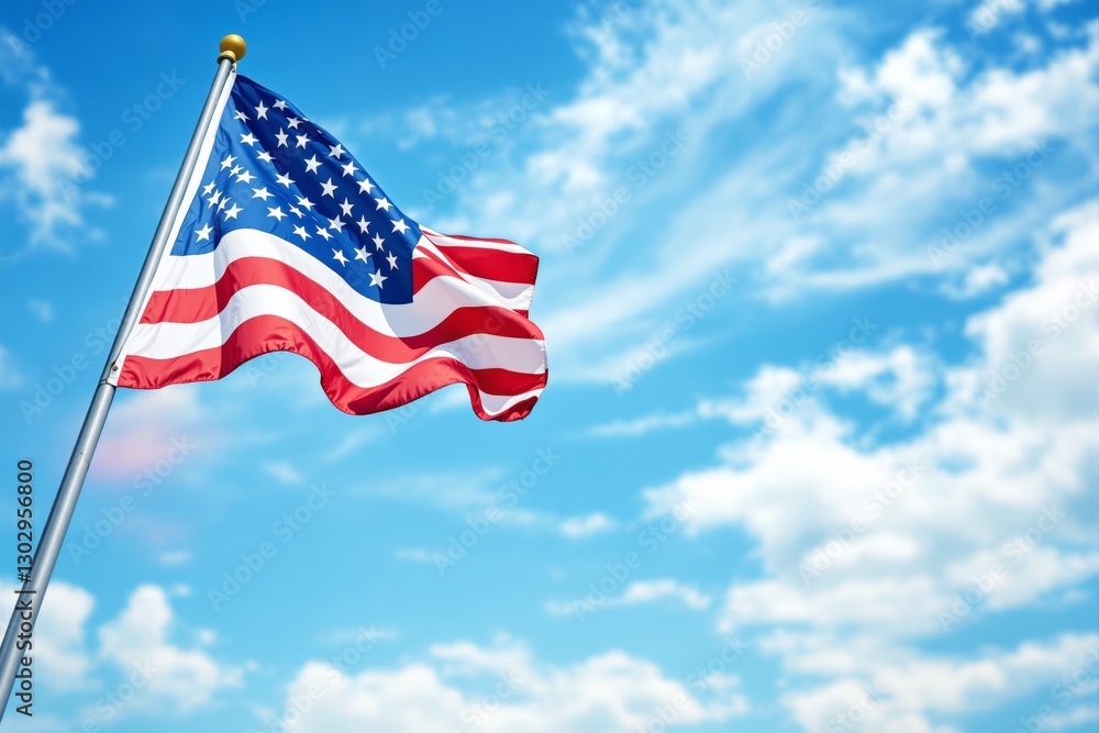 Obraz premium American flag waving against a bright blue sky with fluffy white clouds.