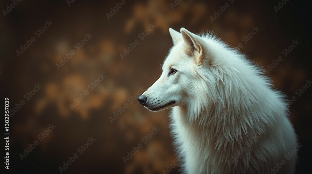 Majestic White Dog Profile Against a Soft Brown Background Majestic White Dog Profile Against a Soft Brown Background