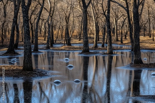 A serene landscape of bare trees reflecting in calm water, evoking a tranquil winter atmosphere.