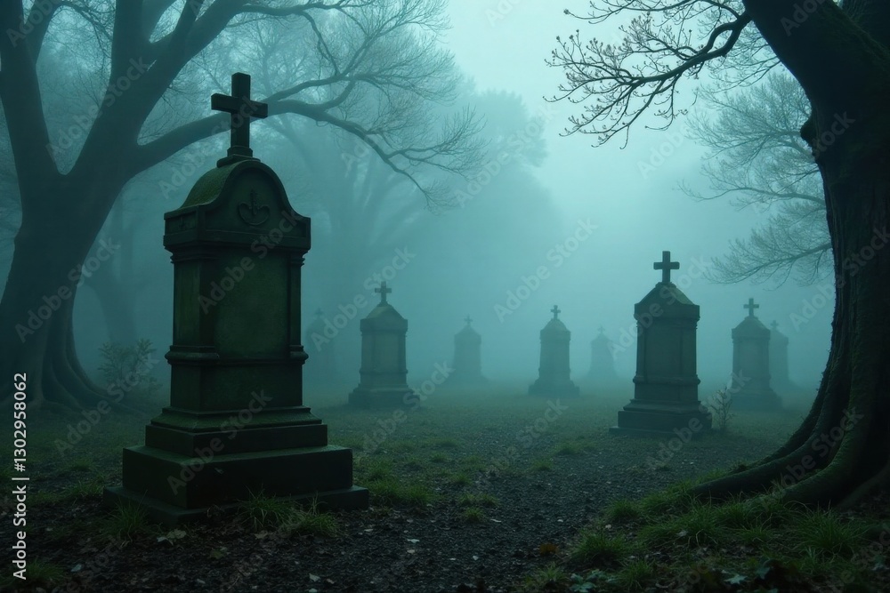 An Enigmatic Graveyard in a Misty Dawn, Stone Monuments Stand Silently Amongst Ancient Trees, Awe-Inspiring Scene of Tranquility and Mystery An Enigmatic Graveyard in a Misty Dawn, Stone Monuments Stand Silently Amongst Ancient Trees, Awe-Inspiring Scene of Tranquility and Mystery