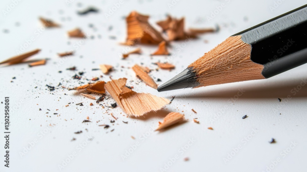 Shavings scattered around a sharpened pencil on a clean surface, revealing the crafting process in detail Shavings scattered around a sharpened pencil on a clean surface, revealing the crafting process in detail