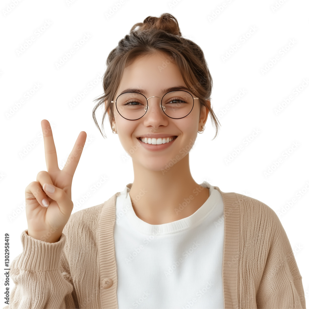 A young woman exuding friendliness and charm, wearing stylish round glasses, a cozy beige cardigan, and a crisp white shirt, a cheerful smile PNG Isolated transparent white background download A young woman exuding friendliness and charm, wearing stylish round glasses, a cozy beige cardigan, and a crisp white shirt, a cheerful smile PNG Isolated transparent white background download