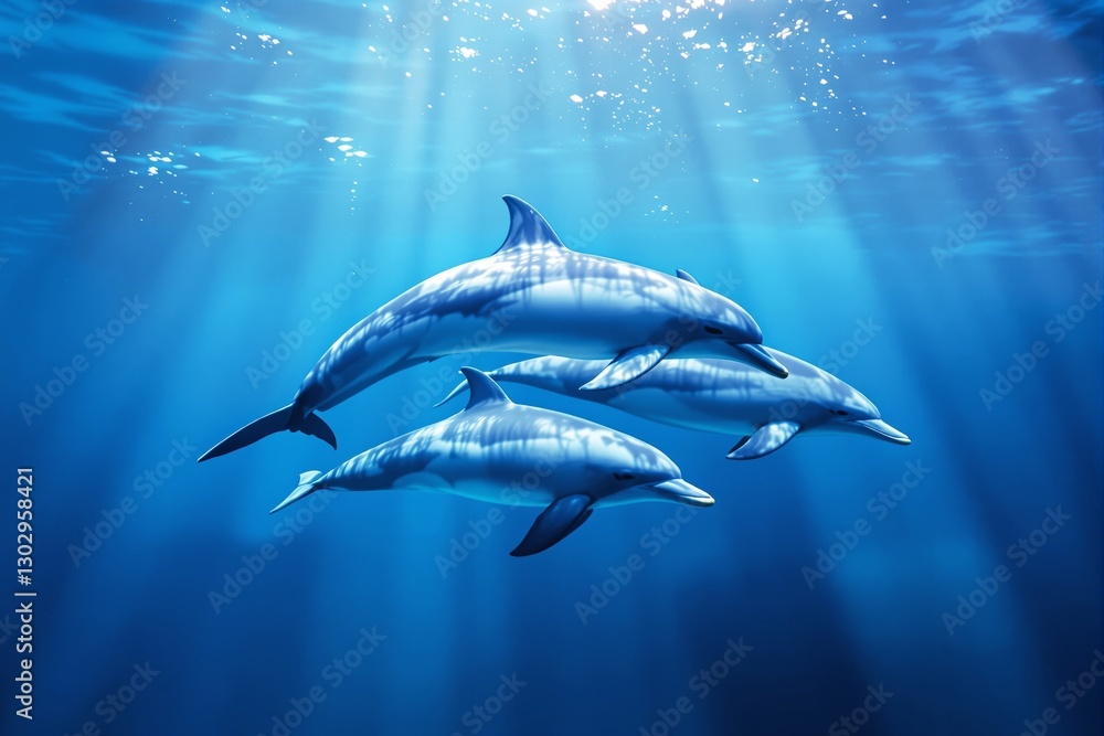 Naklejka premium Three dolphins swimming gracefully underwater in sunlit ocean environment.