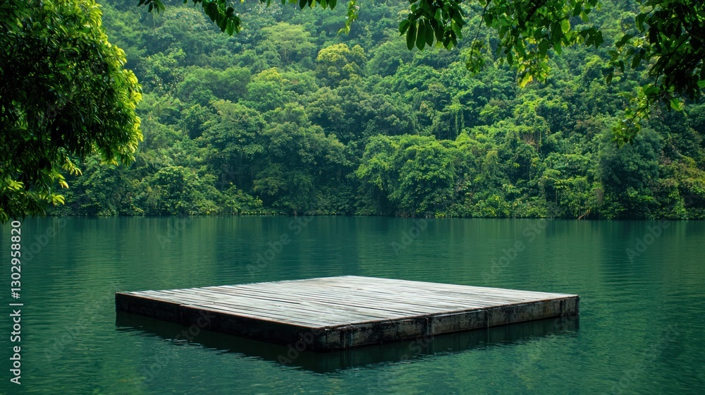 Fototapeta premium A solitary floating dock in a peaceful bay, surrounded by lush greenery