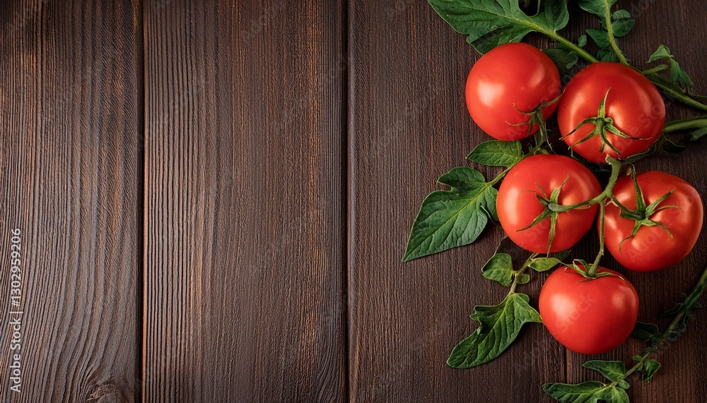 Originals of tomatoes on the right side with green leaves against a dark wooden background, Originals of tomatoes on the right side with green leaves against a dark wooden background,