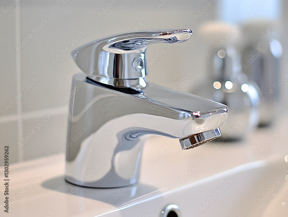 Modern Faucet Delivering a Steady Stream of Water in a Bright, Contemporary Bathroom Setting With Elegant Tiling and Subtle Greenery Modern Faucet Delivering a Steady Stream of Water in a Bright, Contemporary Bathroom Setting With Elegant Tiling and Subtle Greenery