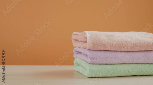 Soft, colorful towels neatly stacked on a wooden surface against a warm orange background