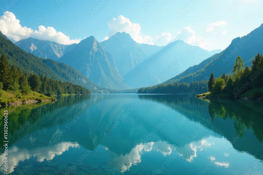 Fototapeta premium Serene mountain lake reflecting a pristine sky, surrounded by lush greenery and majestic peaks under a brilliant sun