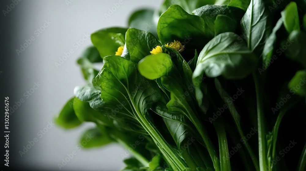 Obraz premium A close-up of fresh green flower buds surrounded by vibrant green leaves. One of the buds is beginning to open, revealing delicate yellow petals. The image showcases the early stages of blooming, emph
