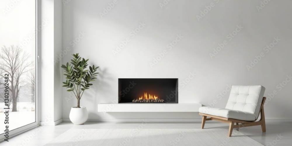 Obraz premium Modern minimalist living room with fireplace and comfy armchair
