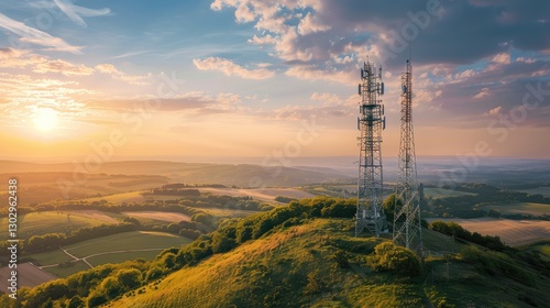 Scenic Telecommunication Towers at Sunset Over Rolling Hills