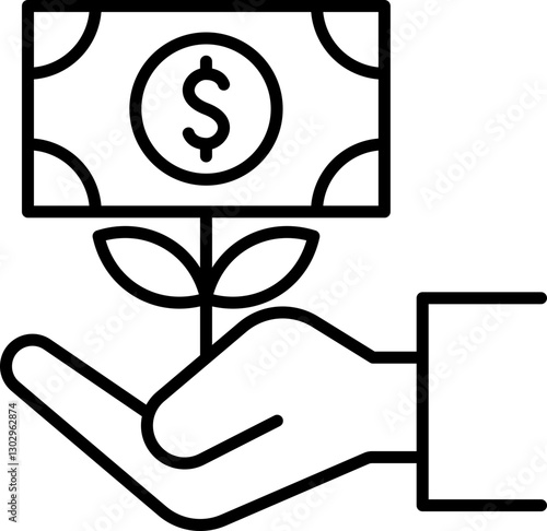 Hand holding money with a growing plant. line icon