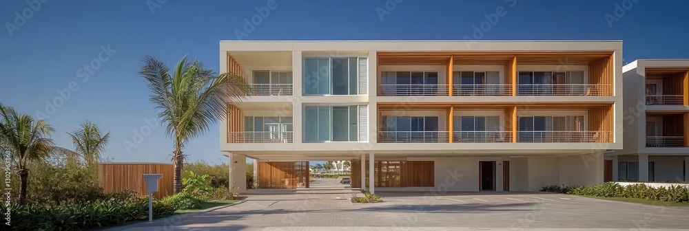 Modern Residential Building with Balconies and Greenery in Tropical Setting Modern Residential Building with Balconies and Greenery in Tropical Setting