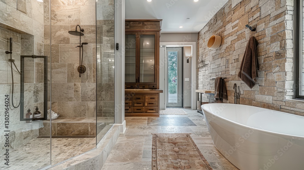 Fototapeta premium Modern Luxury Bathroom with Stone Accents and Spacious Design