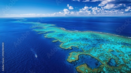 Fototapeta Naklejka Na Ścianę i Meble -  A vibrant aerial view of the Great Barrier Reef, showcasing colorful coral formations and deep blue ocean channels