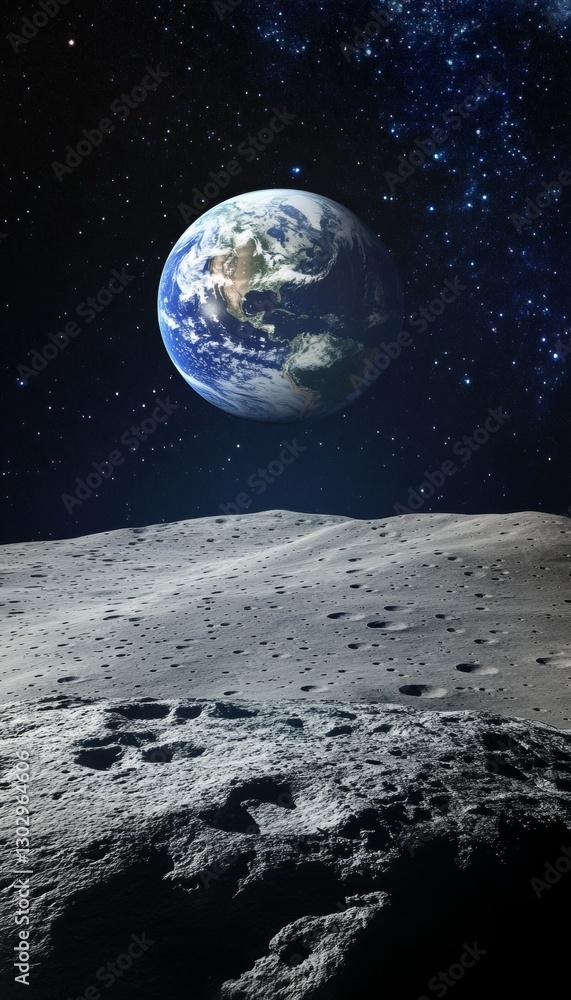 Obraz premium Breathtaking view of earth rising above the lunar landscape with deep space showcasing the universe