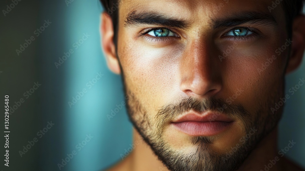 Obraz premium Close-up portrait of a handsome guy with sharp features, natural lighting highlighting his face, confident expression