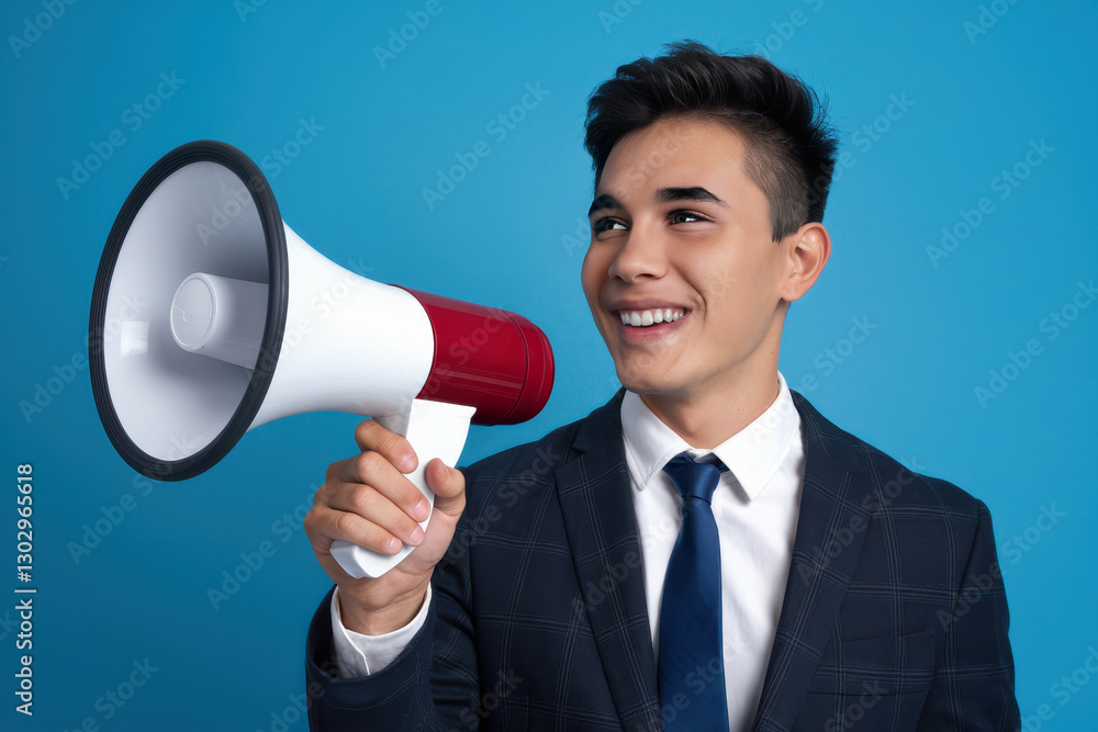 Confident businessman in a navy blue suit smiling while holding a megaphone against a blue background Confident businessman in a navy blue suit smiling while holding a megaphone against a blue background
