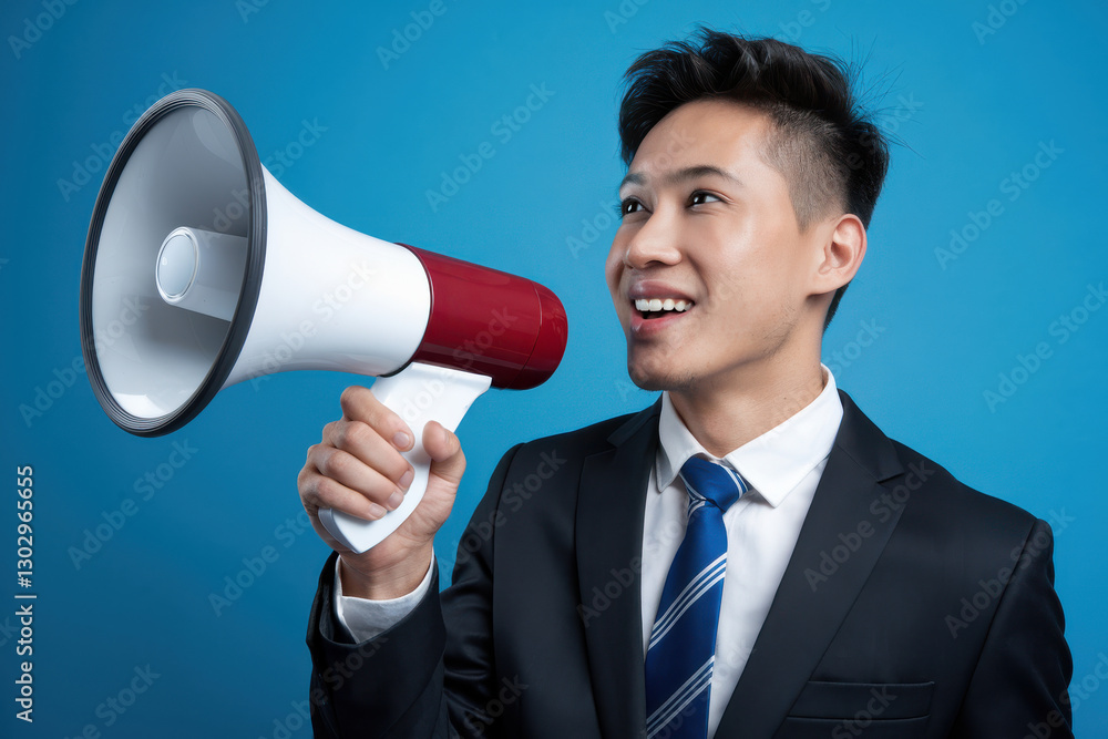 Confident Asian businessman holding a megaphone and smiling against a solid blue background Confident Asian businessman holding a megaphone and smiling against a solid blue background