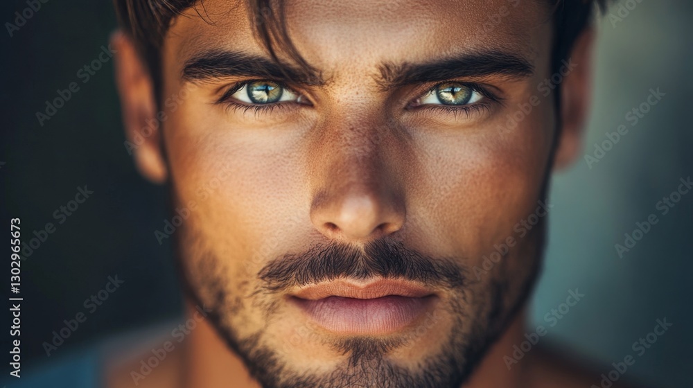 Obraz premium Close-up portrait of a handsome guy with sharp features, natural lighting highlighting his face, confident expression