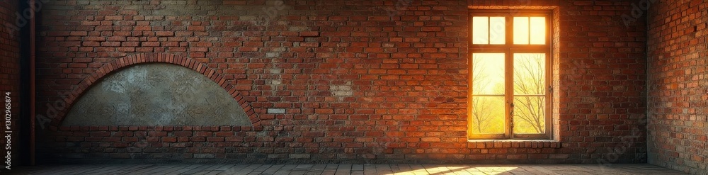 Fototapeta premium Aged window, weathered brick wall, sunlight streams through, picture, decay, texture