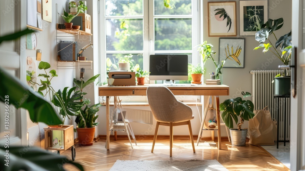 Fototapeta premium Bright and Cozy Home Office with Indoor Plants