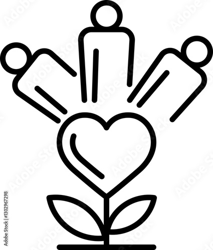 People nurturing a heart-shaped plant line icon