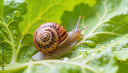 Macro close-up of a snail moving on lettuce leaf, nature's details