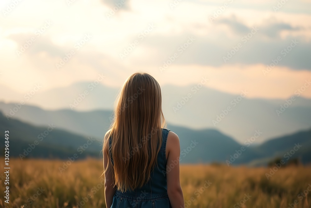Girl with Tan Skin and Windblown Hair Standing in a Grassy Field with Misty Mountains and Valleys in the Background Girl with Tan Skin and Windblown Hair Standing in a Grassy Field with Misty Mountains and Valleys in the Background