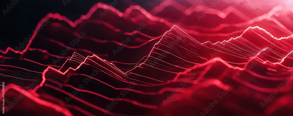 Naklejka premium A vibrant, abstract representation of red waveforms, illustrating dynamic data patterns or sound waves in a digital landscape.