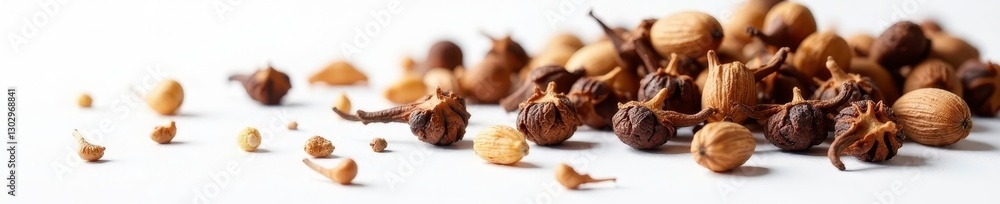 Dried cloves scattered on white, close-up view, overhead, top view Dried cloves scattered on white, close-up view, overhead, top view