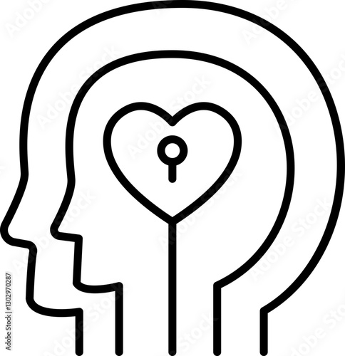 Abstract heads with heart and key symbol. line icon