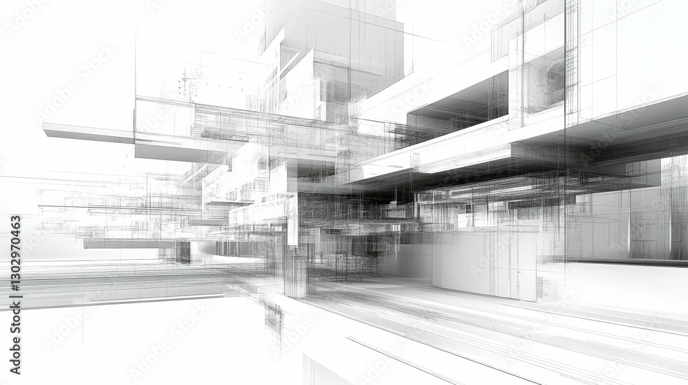 Architectural modern structure perspective drawing in monochrome.